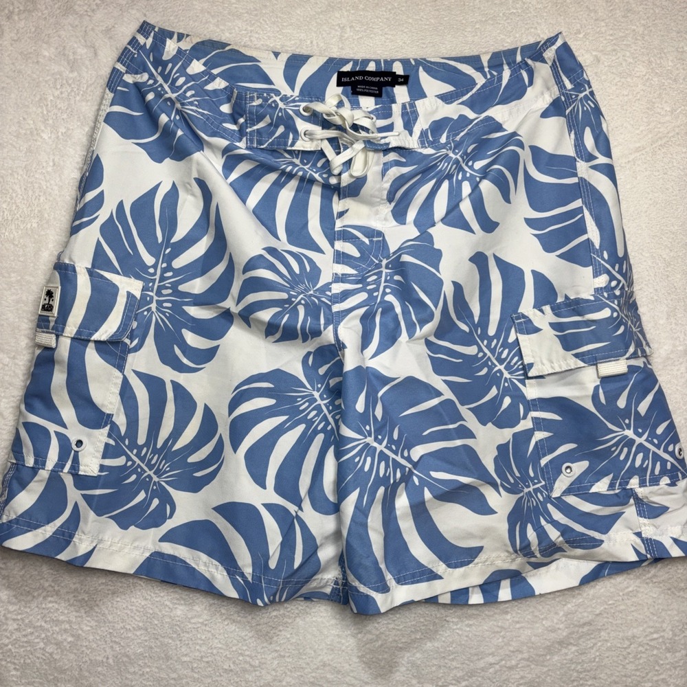 Island Company Men's Swim Trunks White Blue Flowers Size 34 Pockets